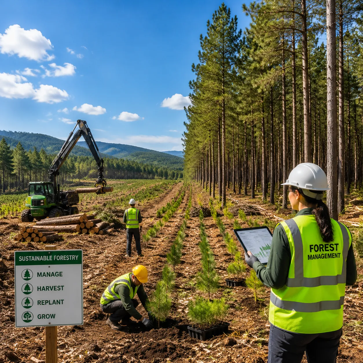 Workers engaged in sustainable forestry practices, planting trees and managing resources in a forested area.