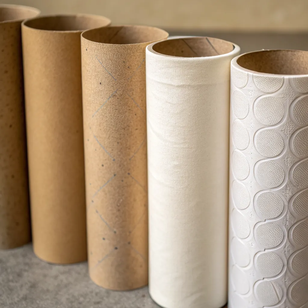 Five rolls of textured paper in different designs, standing upright on a surface, showcasing a variety of patterns and materials.
