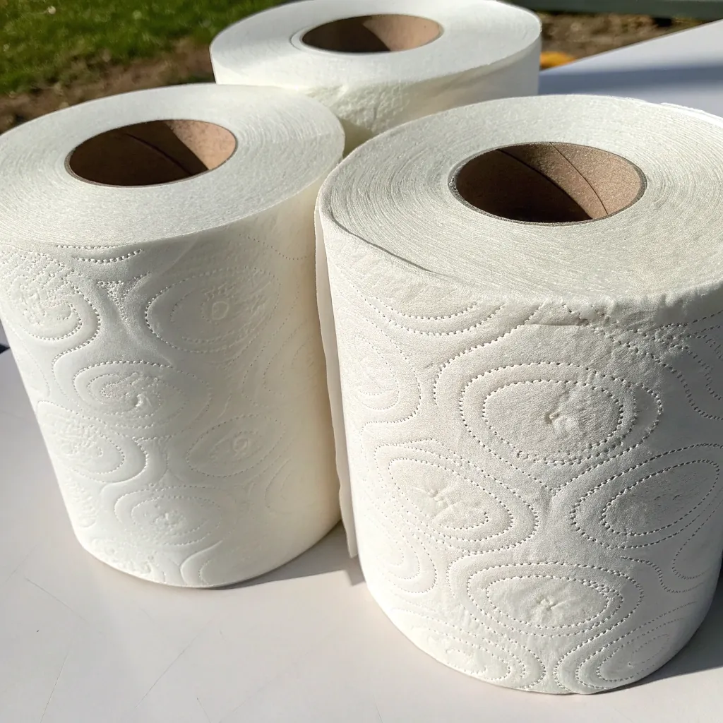 Three rolls of toilet paper with embossed patterns placed on a white surface, with grass visible in the background.