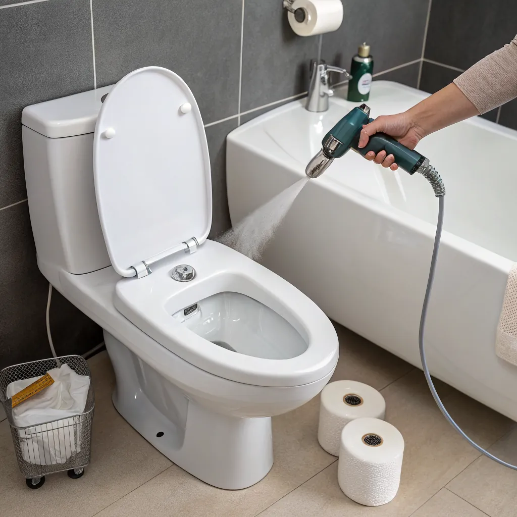 A person using a spray device to clean a toilet bowl in a modern bathroom, with a bathtub and toiletries visible.