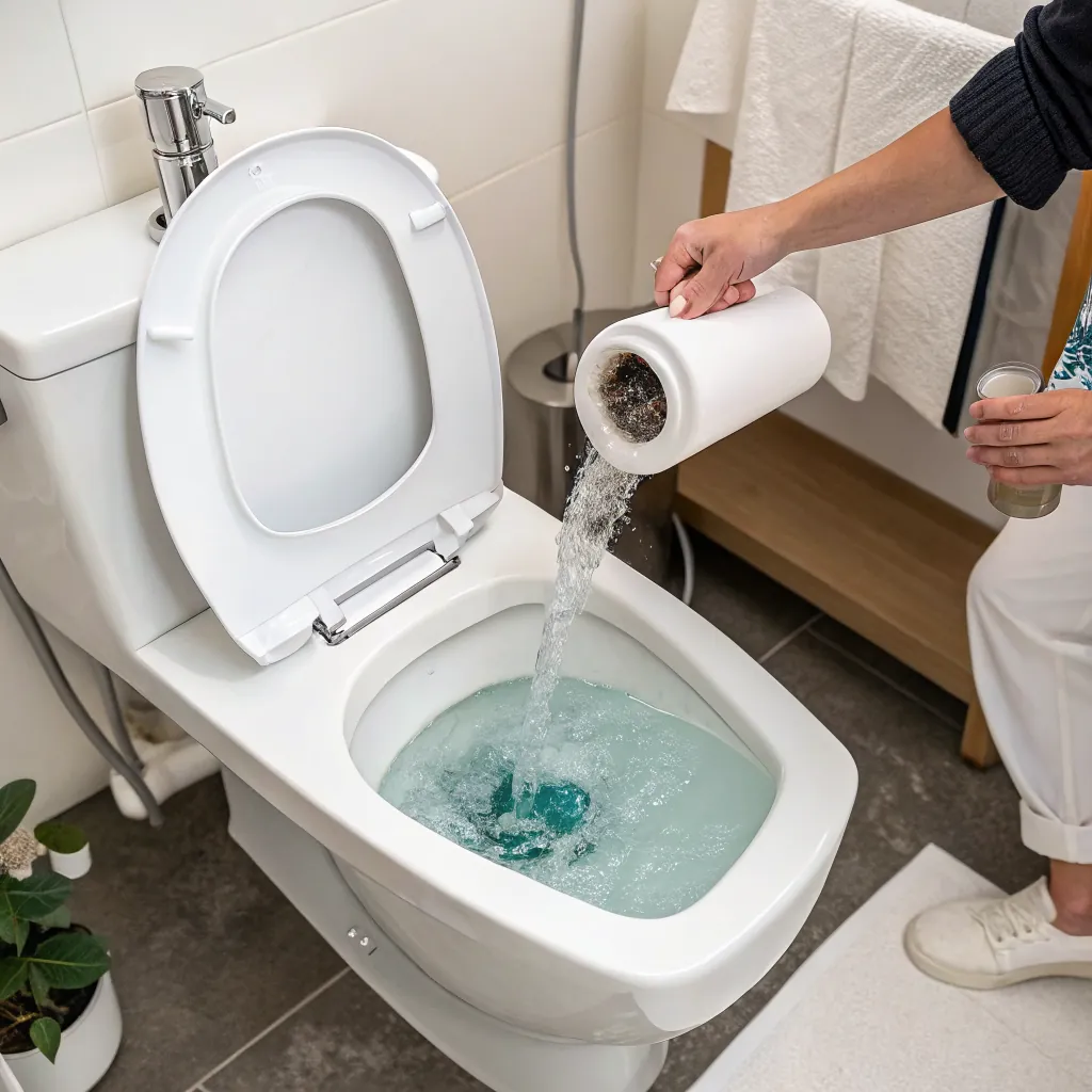 A person pours water from a container into a toilet bowl, creating bubbles and splashes.
