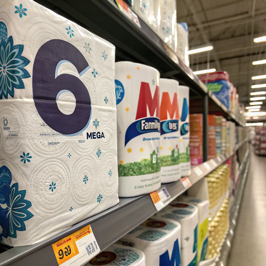 Close-up of toilet paper packages with various sizes and brands on a supermarket shelf, price tags visible below.