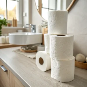 Three toilet paper rolls stacked on a wooden counter in a modern bathroom with a round mirror and white sink in the background.