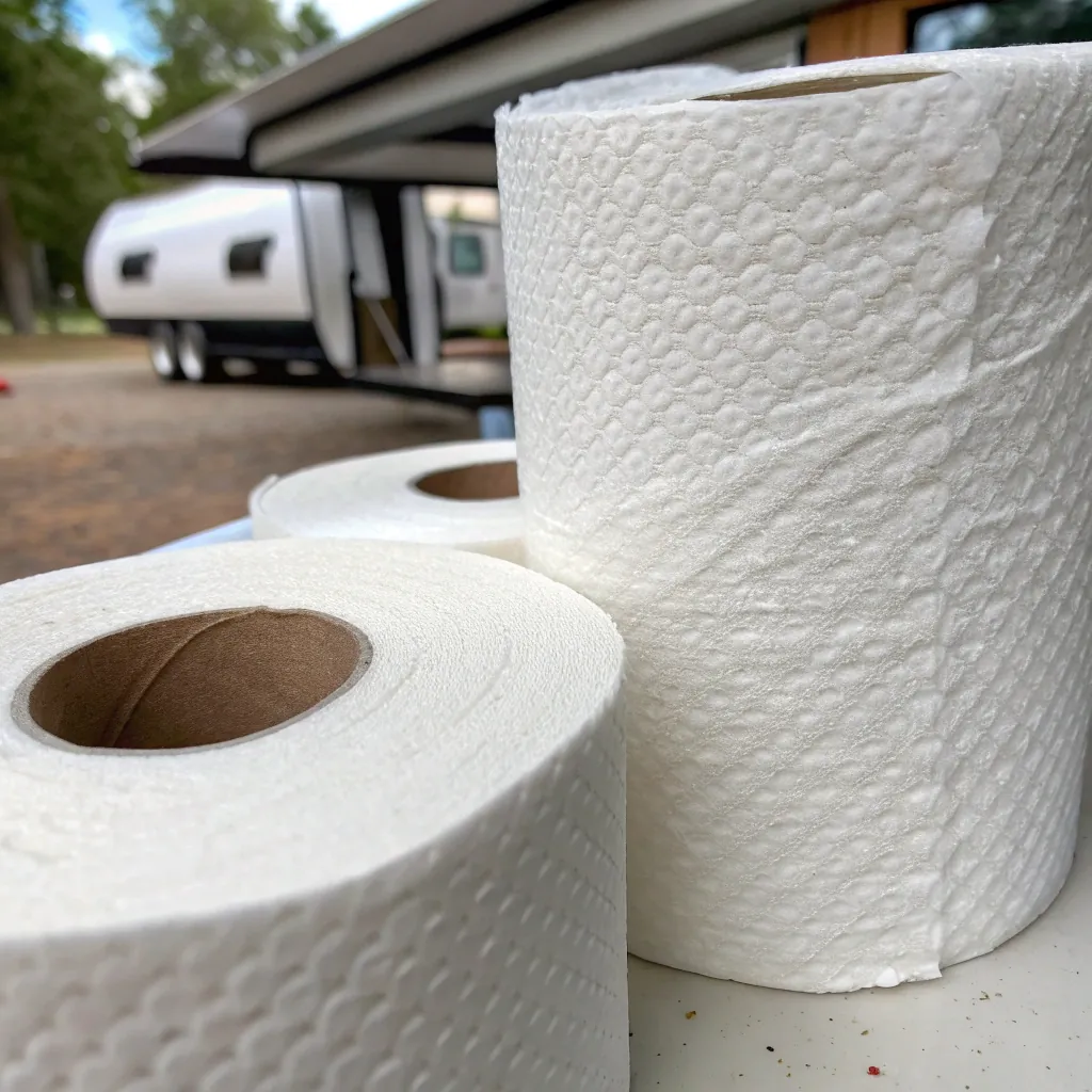 Three toilet paper rolls on a table near a camper in an outdoor setting with trees in the background.