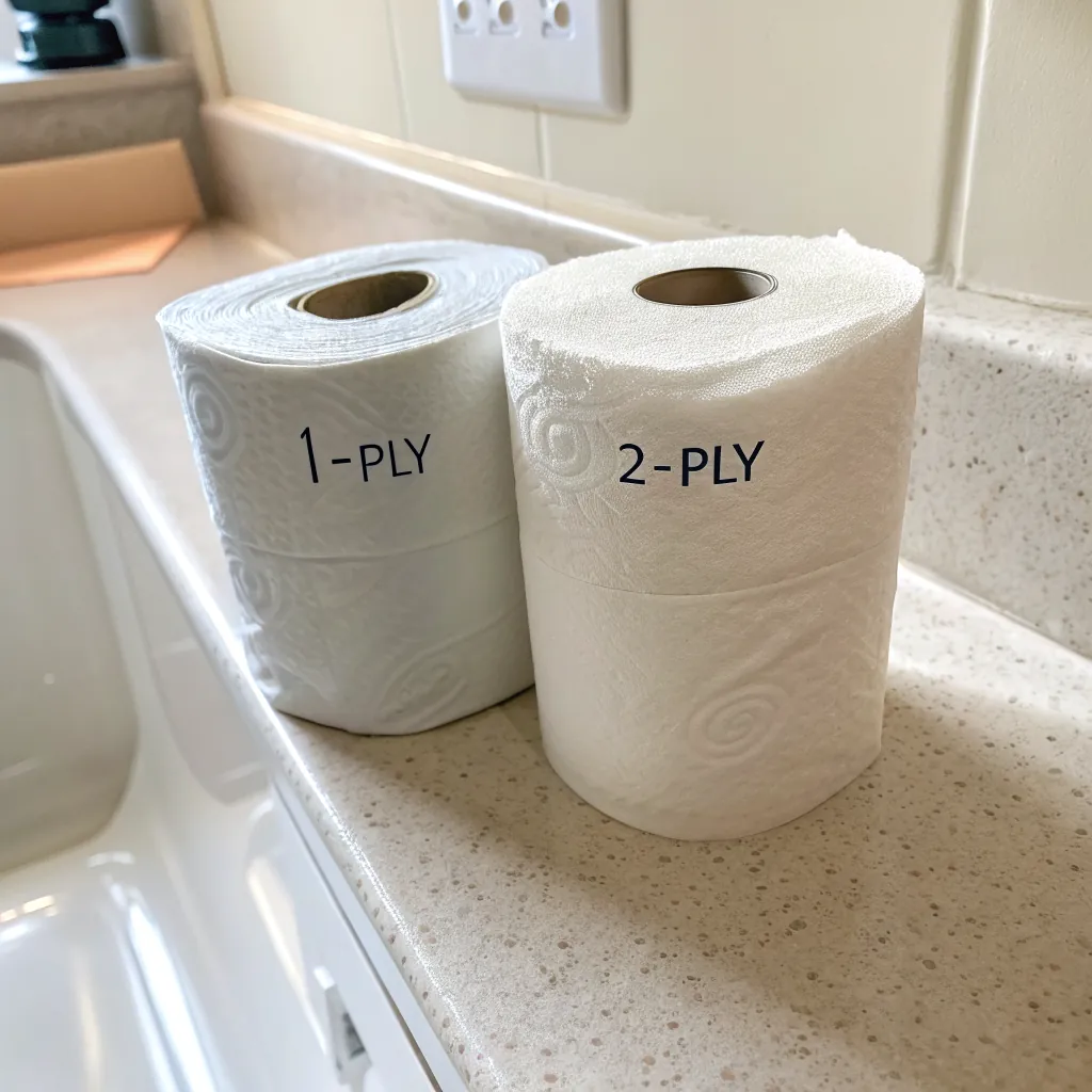 Two toilet paper rolls on a bathroom countertop, labeled 1-ply and 2-ply, highlighting the difference in thickness.