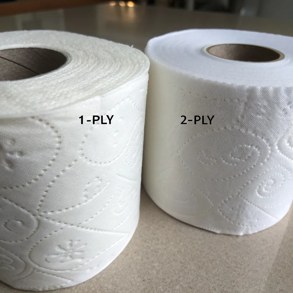 Close-up of two toilet paper rolls; left is 1-ply, right is 2-ply, both with embossed patterns, on a smooth surface.