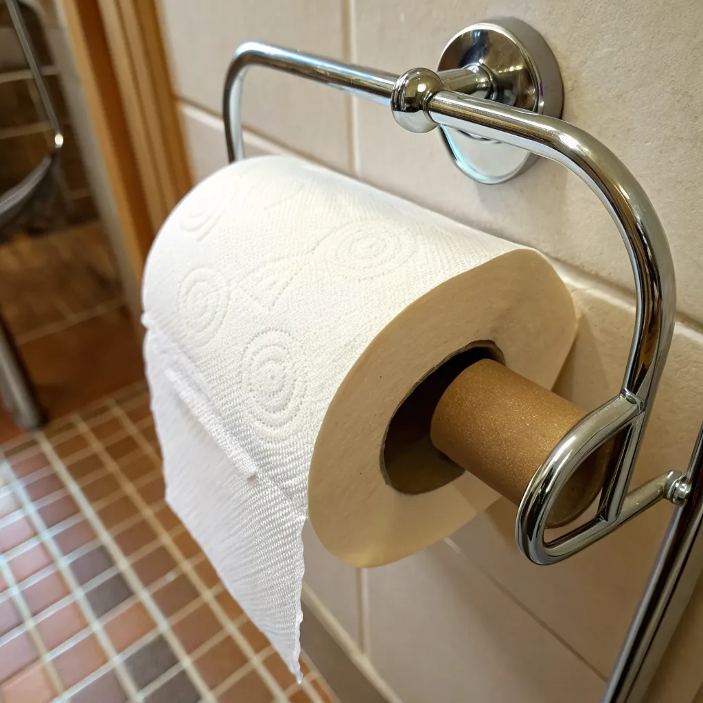 Toilet paper roll mounted on a shiny chrome holder against a tiled bathroom wall.