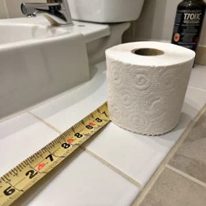 A roll of white toilet paper next to a measuring tape on tiled floor