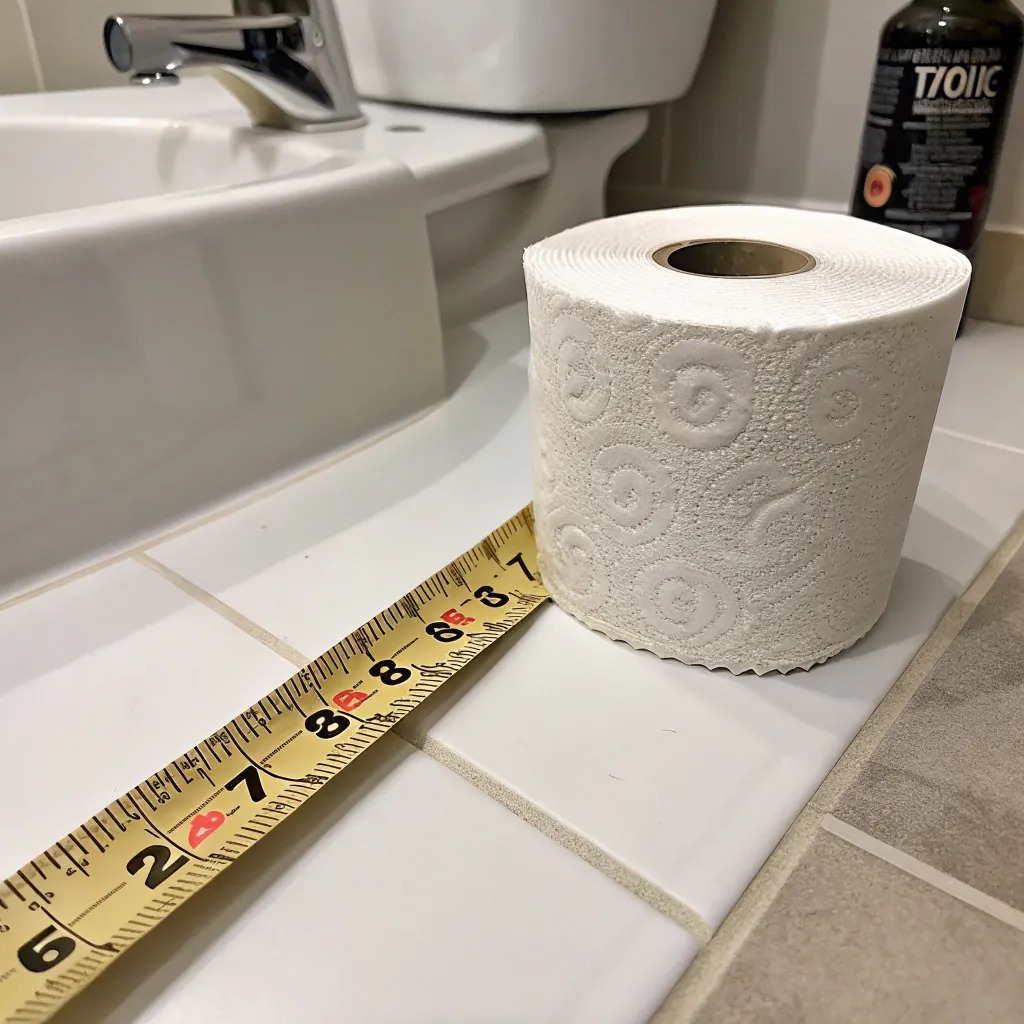 A roll of white toilet paper next to a measuring tape on tiled floor