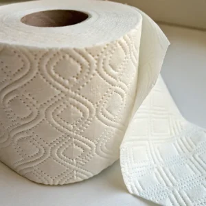 Close-up of a toilet paper roll with embossed patterns, partially unrolled on a light surface.