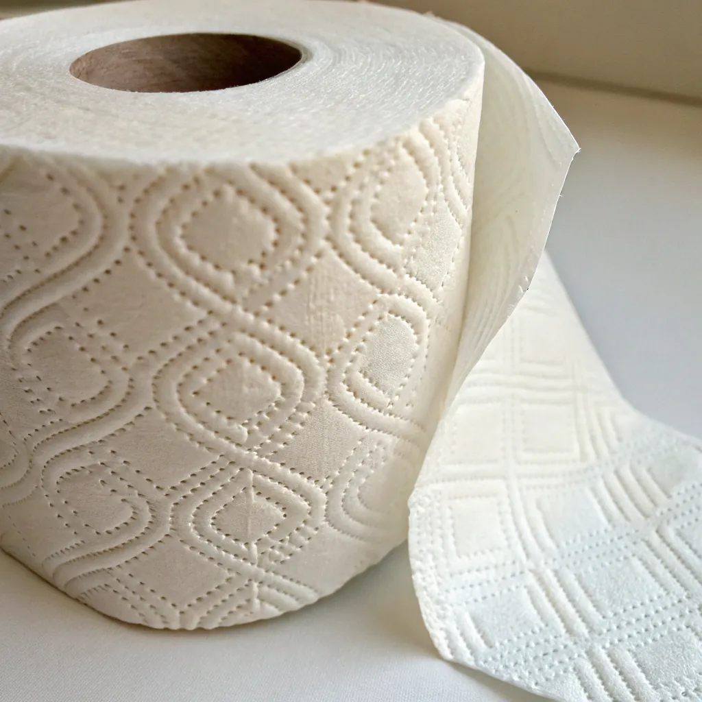 Close-up of a toilet paper roll with embossed patterns, partially unrolled on a light surface.