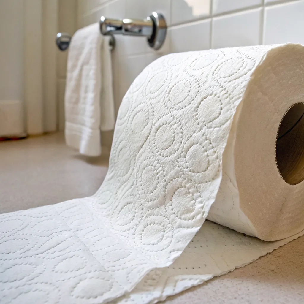 Close-up of a toilet paper roll with embossed pattern, partially unrolled on a bathroom floor. Towel visible on wall rack.