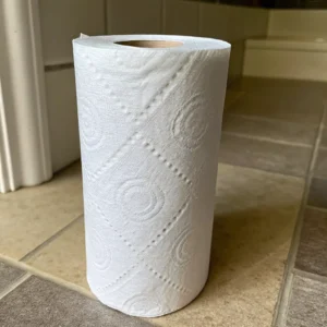 A close-up of a single toilet paper roll standing upright on a tiled floor, showing the textured design on the paper.