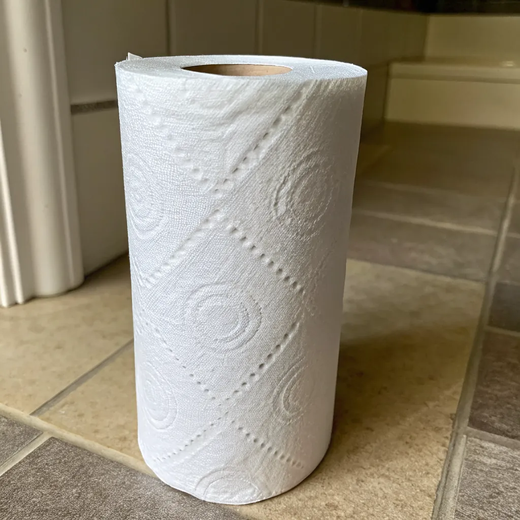 A close-up of a single toilet paper roll standing upright on a tiled floor, showing the textured design on the paper.