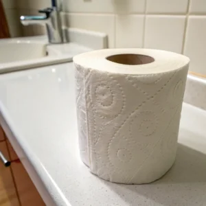 A roll of patterned toilet paper on a bathroom counter with a sink in the background.
