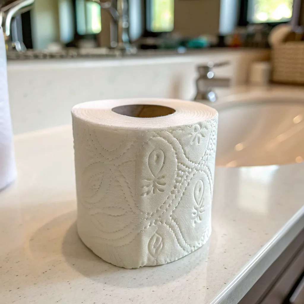 Toilet paper roll with embossed pattern on a bathroom countertop near a sink, reflecting a clean and modern style.