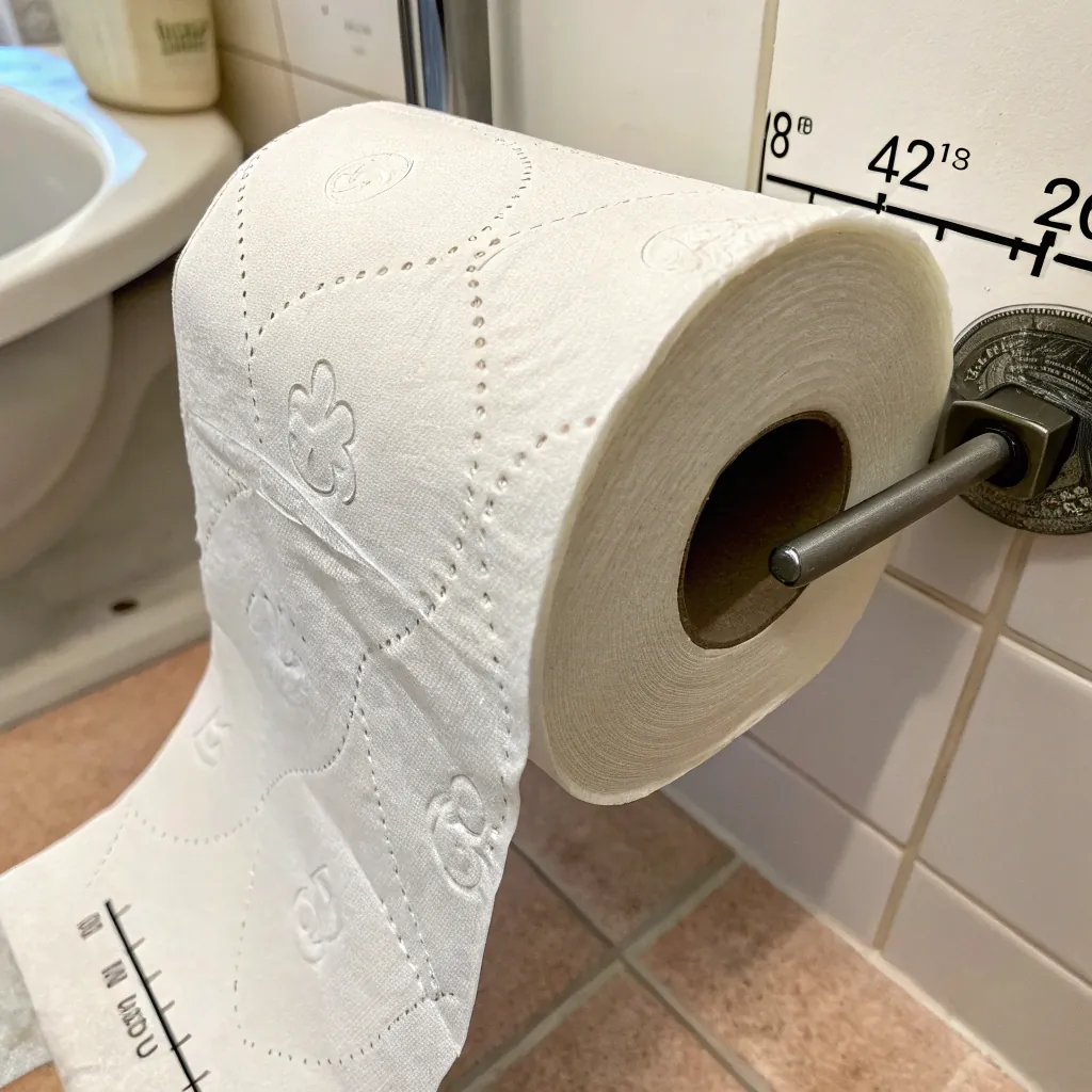 A toilet paper roll mounted on a holder in a bathroom setting, next to a ruler marked in inches and centimeters.