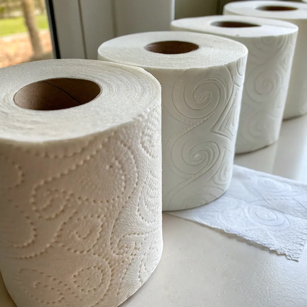 Four rolls of toilet paper arranged on a window sill. Each roll displays a distinct embossed swirl pattern. Natural light filters through a nearby window.