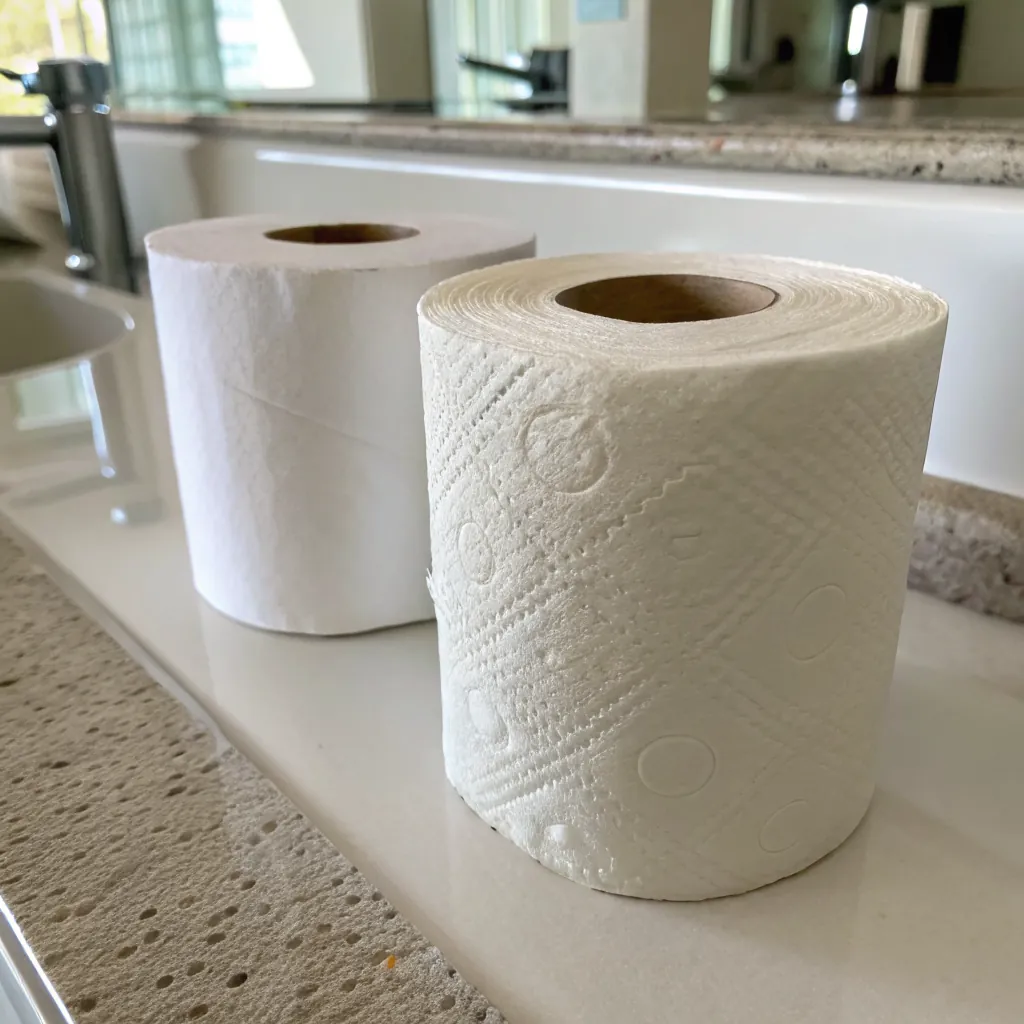 Two toilet paper rolls on a bathroom counter, showing textured patterns and proximity to a sink.