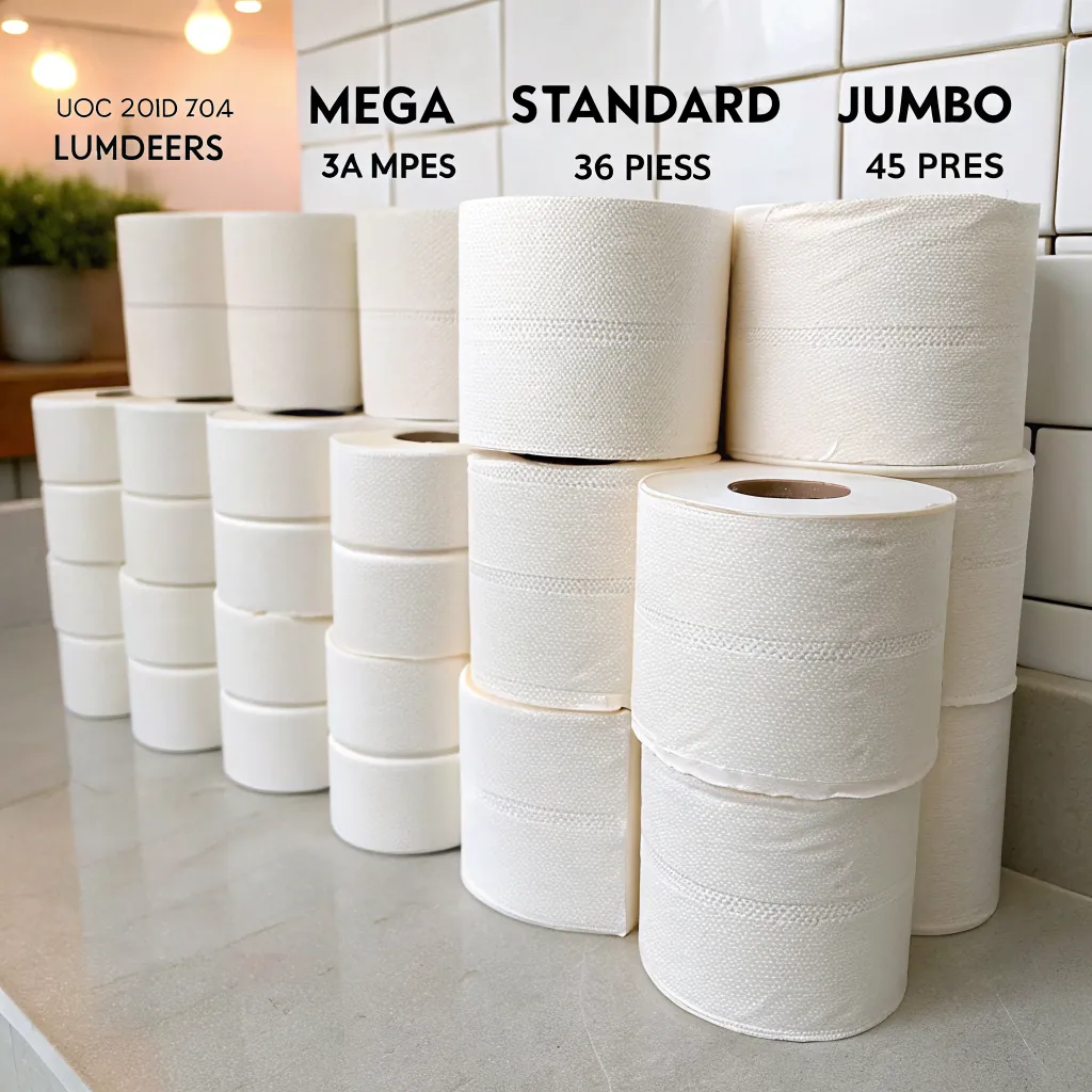 Stacked toilet paper rolls in three sizes: Mega, Standard, and Jumbo, on a countertop.