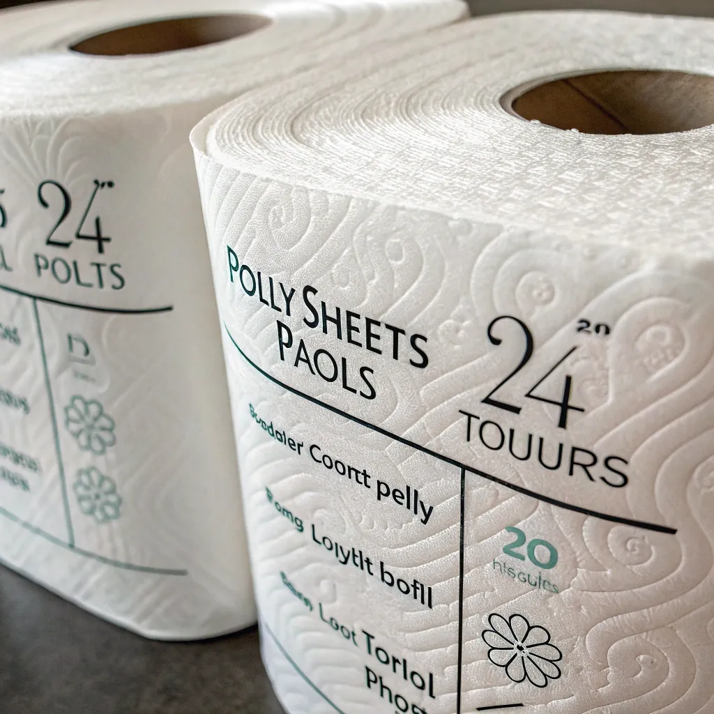 Close-up view of two large toilet paper rolls with detailed embossed texture and partial labeling in English and French.