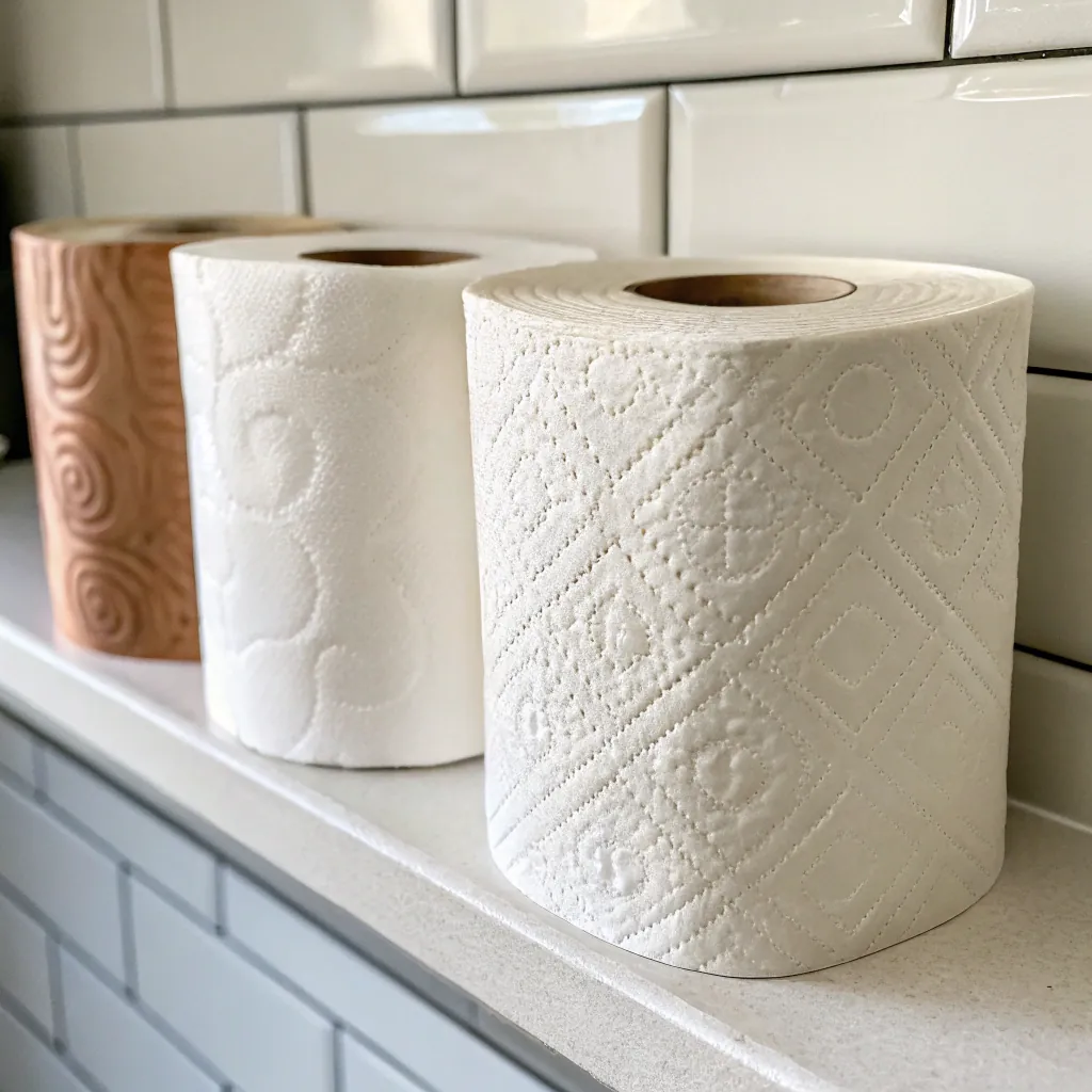 Three toilet paper rolls with different textures on display on a shelf against a tiled wall.