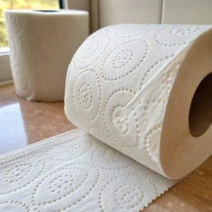 Two toilet paper rolls with embossed circle patterns, one partially unrolled, placed on a wooden surface by a window.