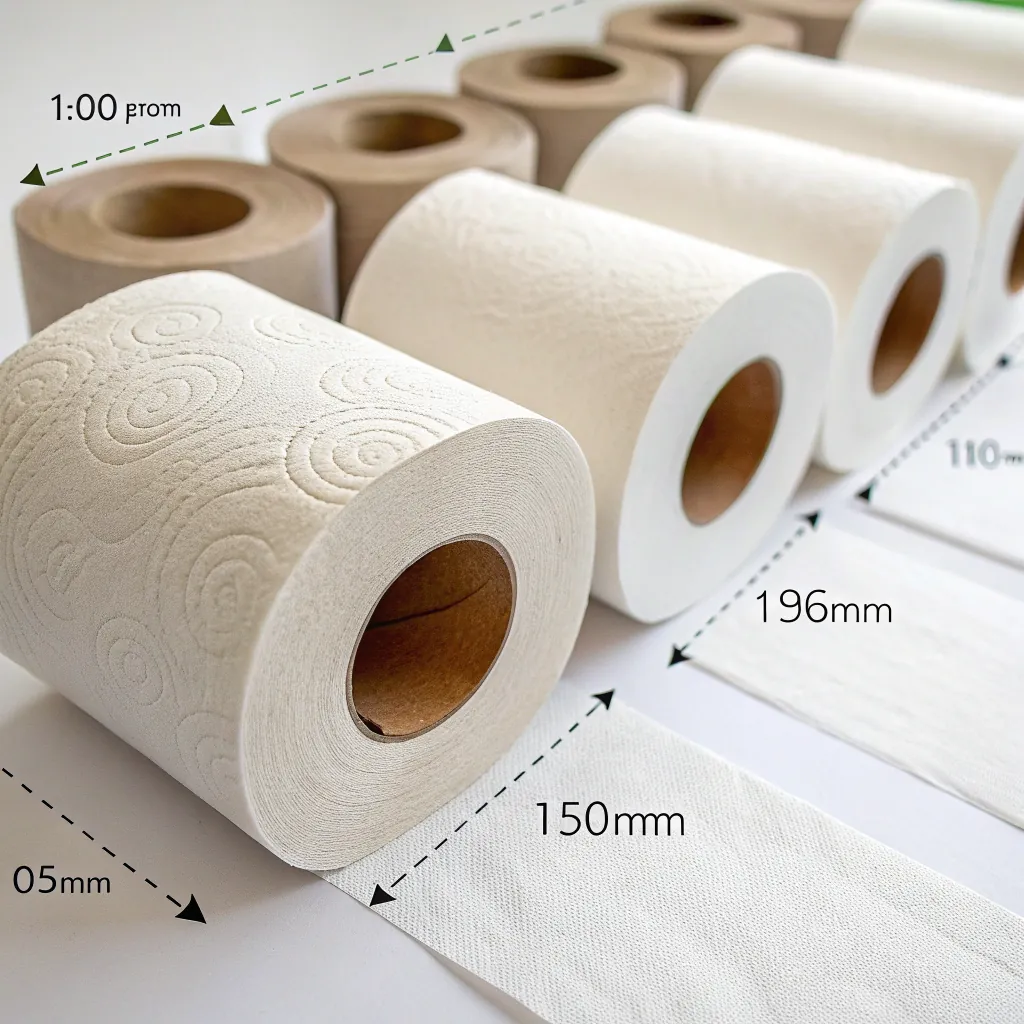 A row of toilet paper rolls in varying sizes with measurements shown, illustrating differences in diameter and length.