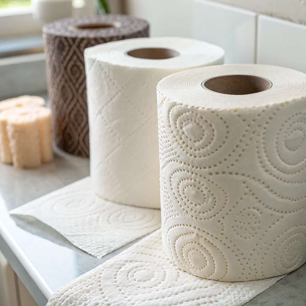 Three different patterned toilet paper rolls, including white and brown ones, on a bathroom counter next to a window.
