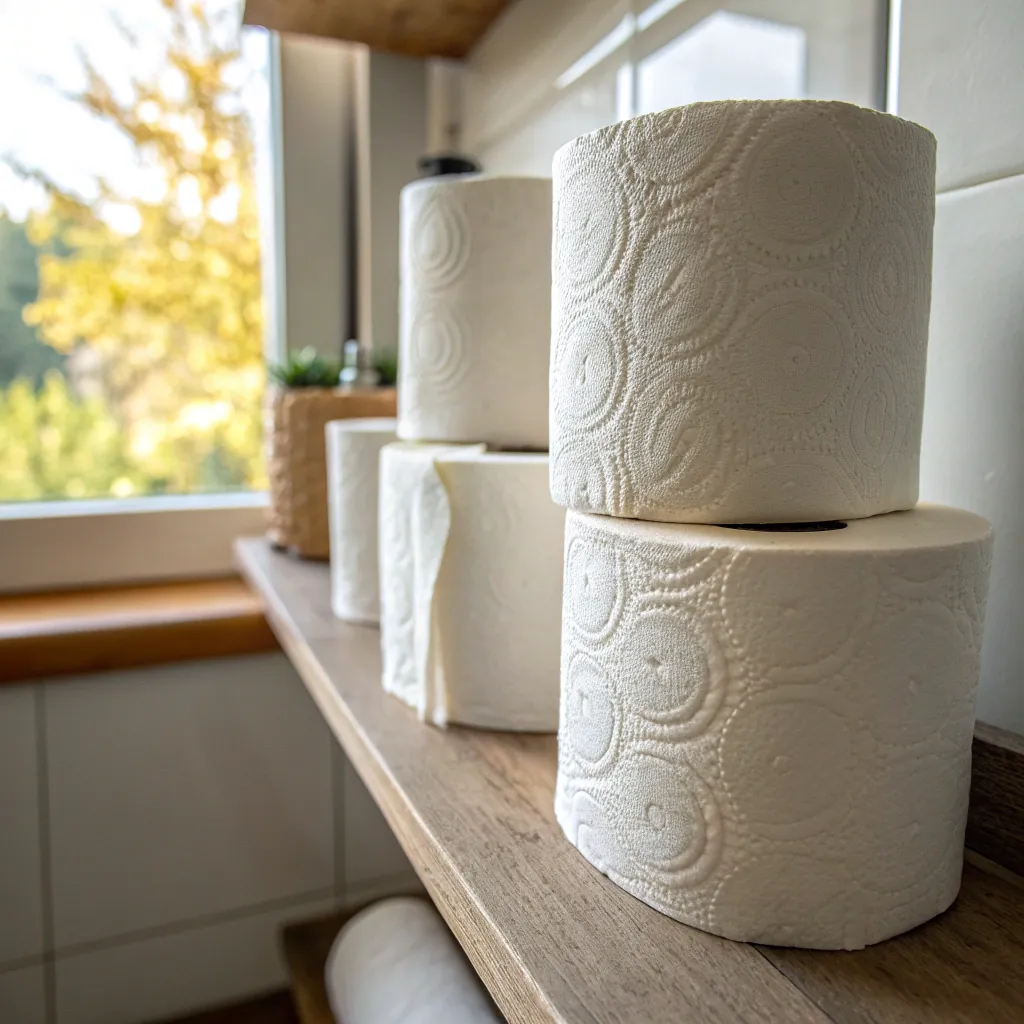 Several toilet paper rolls stacked on a wooden shelf near a window, with decorative patterns visible on the paper.