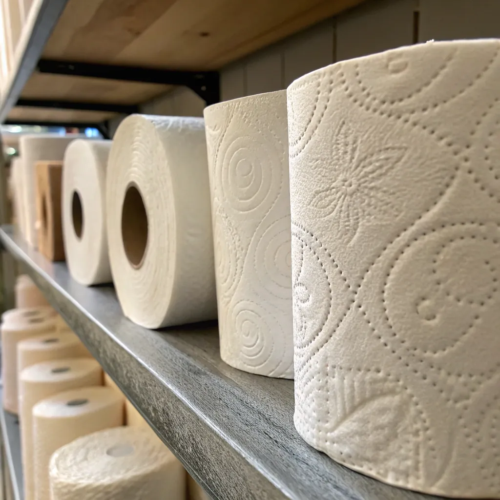 Various toilet paper rolls lined up on a wooden shelf, showcasing textured patterns and different sizes.