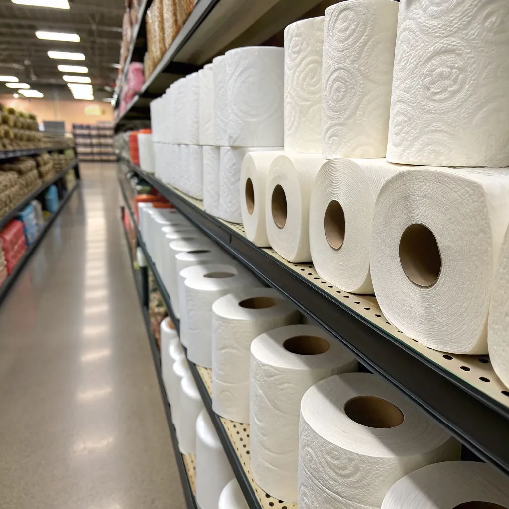 Shelves stocked with neatly arranged toilet paper rolls in a store aisle, with lighting and other products in the background.