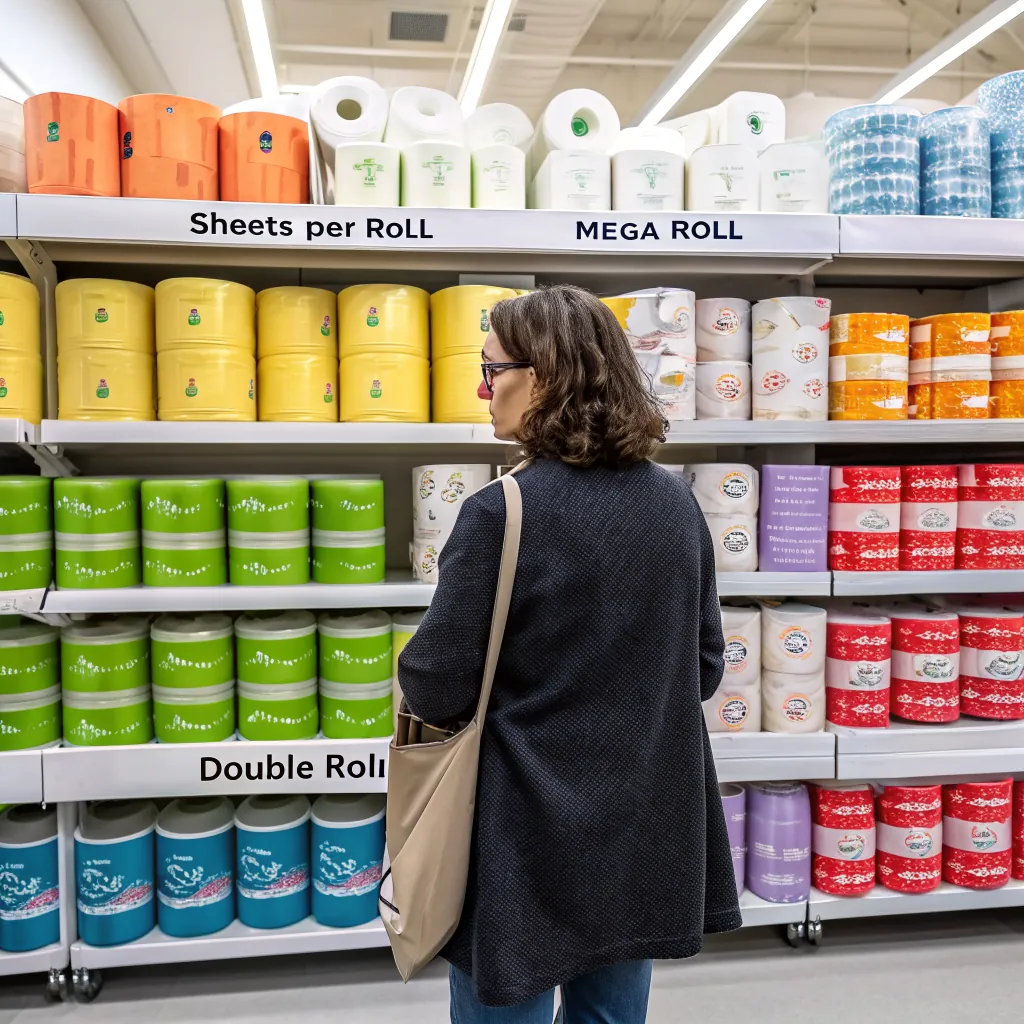 A person stands in front of shelves displaying various toilet paper rolls in different colors and sizes, including mega and double rolls.