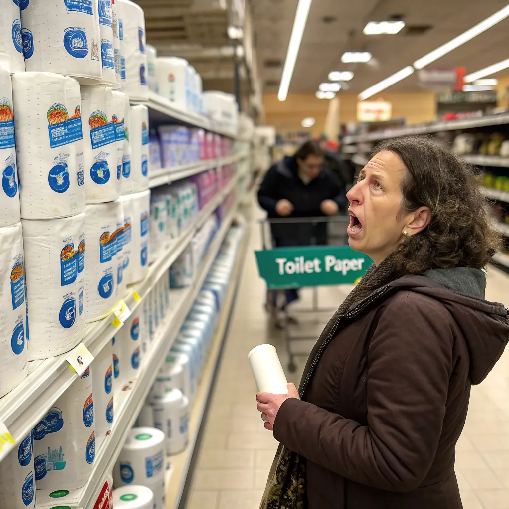 A person examines toilet paper rolls on a store shelf, holding a white roll, with a shopping cart in the background.