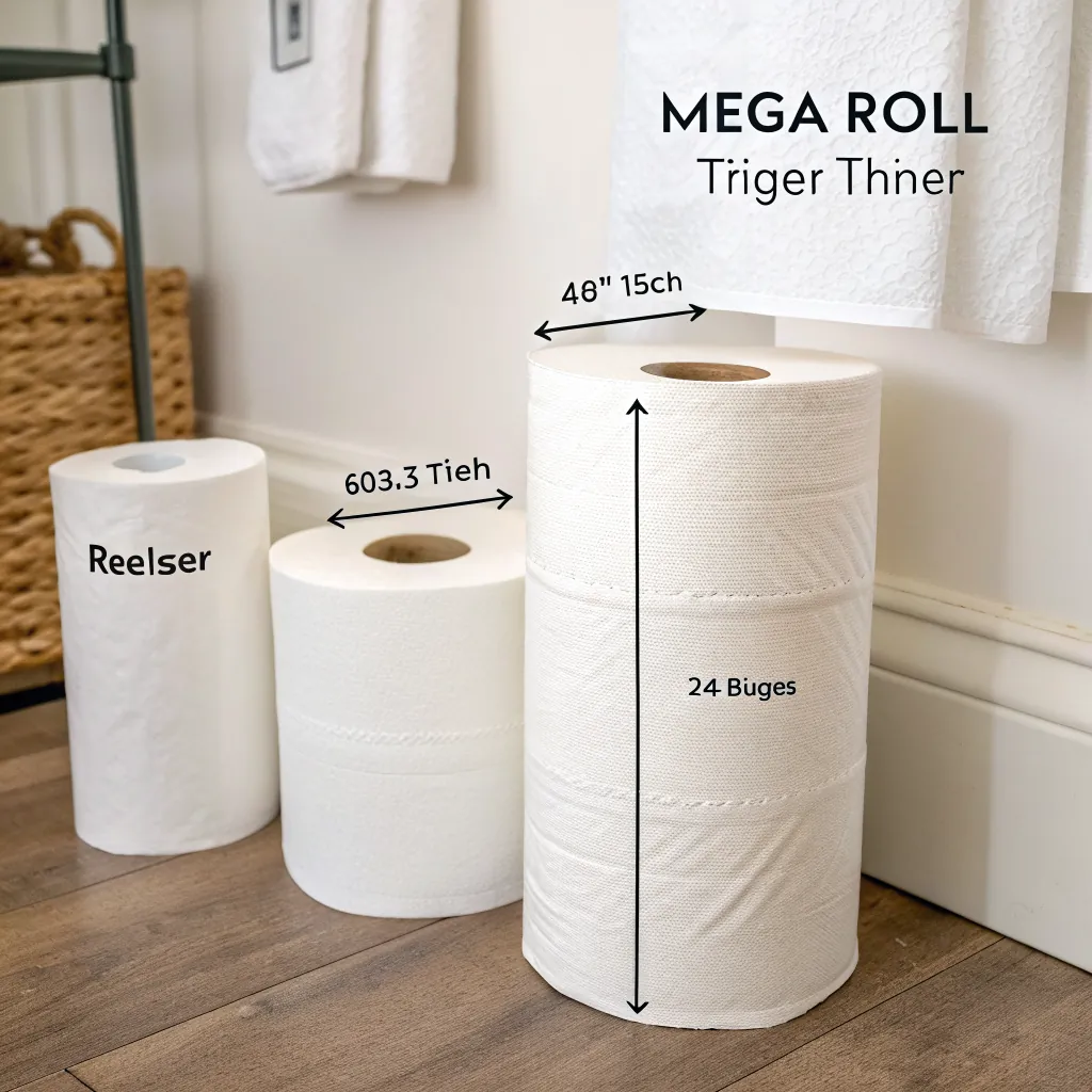 Three toilet paper rolls of varying sizes labeled with dimensions on a wooden floor, featuring Mega Roll, Reelser, and measurement details.