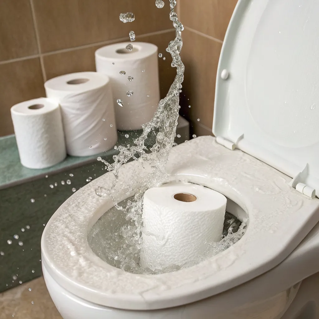 Water splashes onto a roll of toilet paper in a toilet bowl, creating a dynamic scene