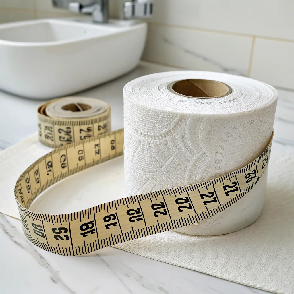 Toilet paper roll with a tape measure wrapped around it, placed on a bathroom countertop near a sink, suggesting measurement or comparison.