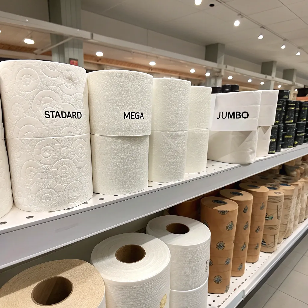 Different toilet paper rolls labeled as 'Standard', 'Mega', and 'Jumbo' on a store shelf under bright lighting.