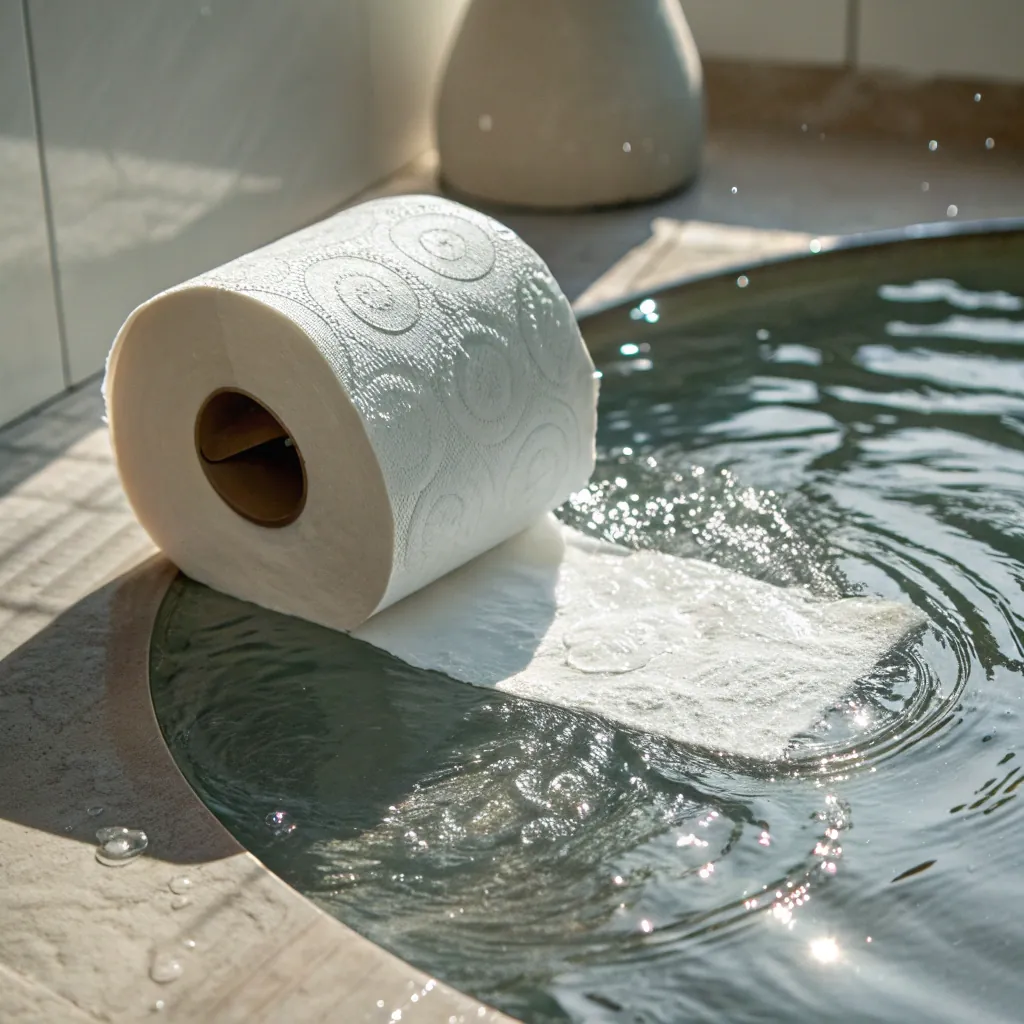 A roll of toilet paper is partially submerged in water, creating ripples. It is positioned at the edge of a surface, with the sunlight casting shadows.