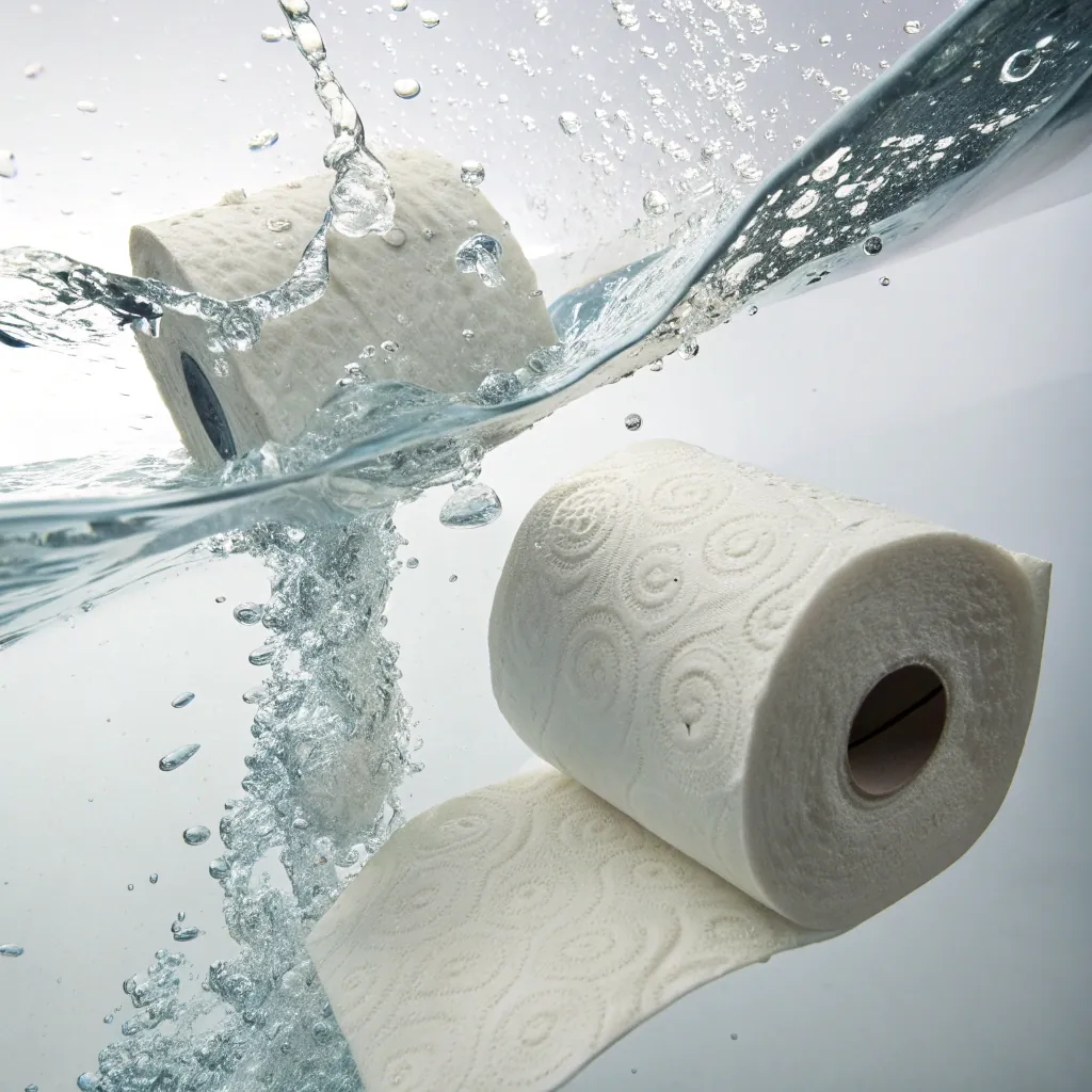 Two toilet paper rolls partially submerged and splashing in clear water, highlighting their design and texture.