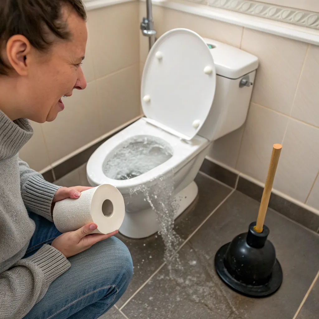 Individual holding toilet paper near overflowing toilet with water