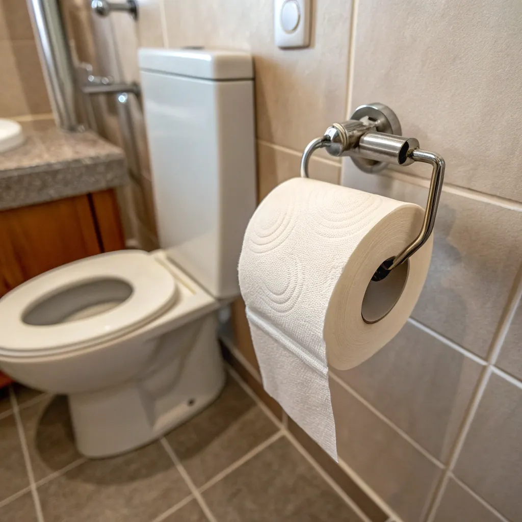 Close-up of toilet paper roll on holder next to a toilet in a tiled bathroom.