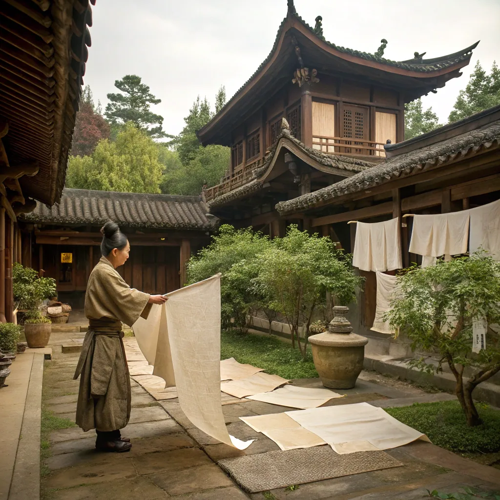 Person in traditional attire hanging white cloths in a serene Japanese courtyard with historical architecture and greenery.