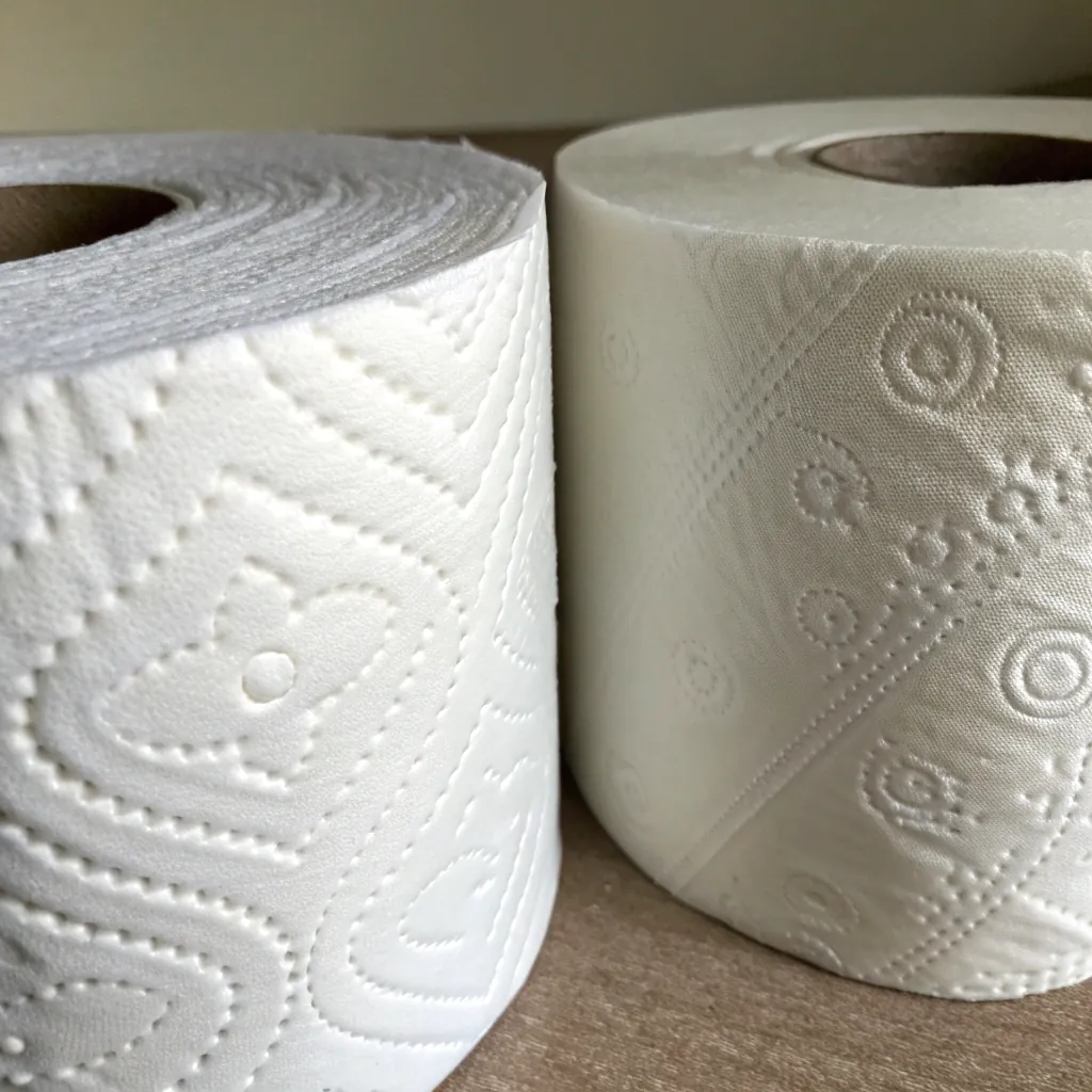 Two white toilet paper rolls with embossed patterns on a wooden surface, showcasing different designs.