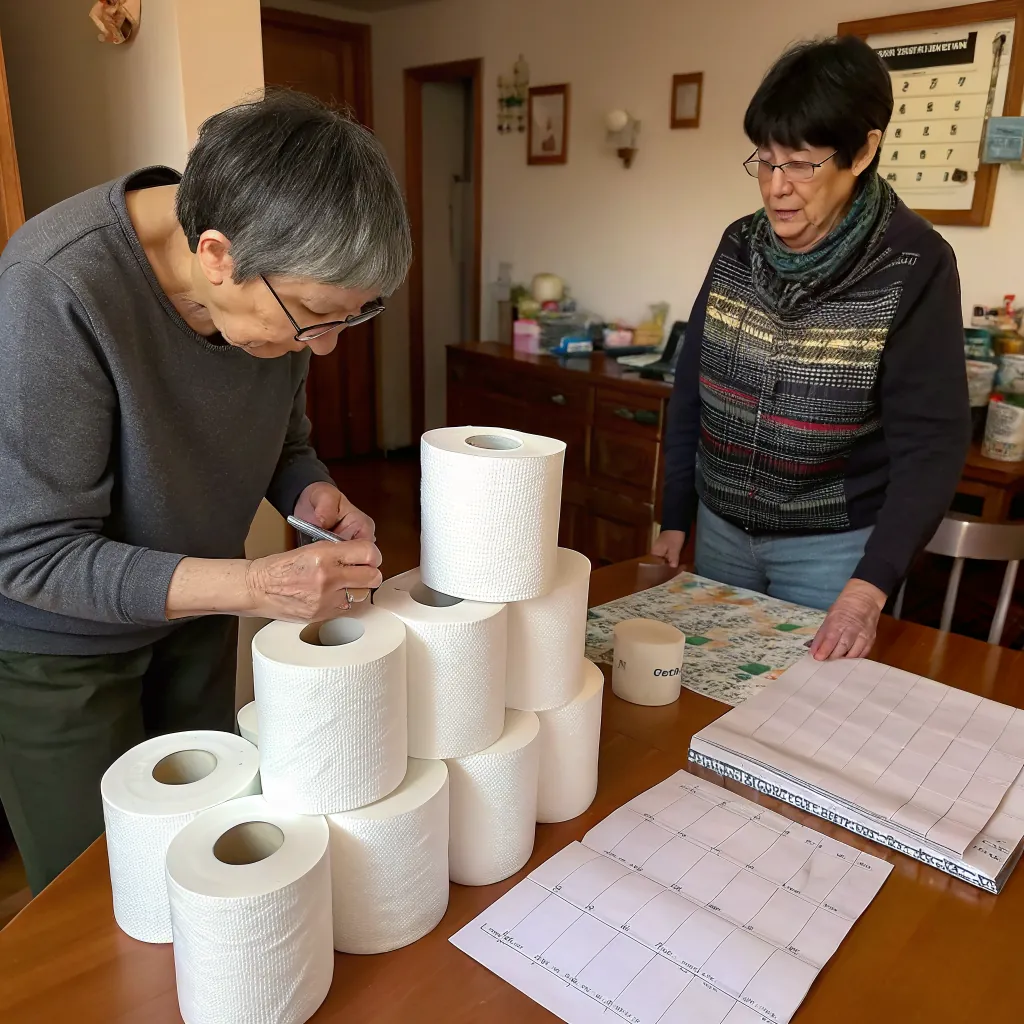 Two women working together to organize rolls of paper towels on a wooden table, one writing on a roll.