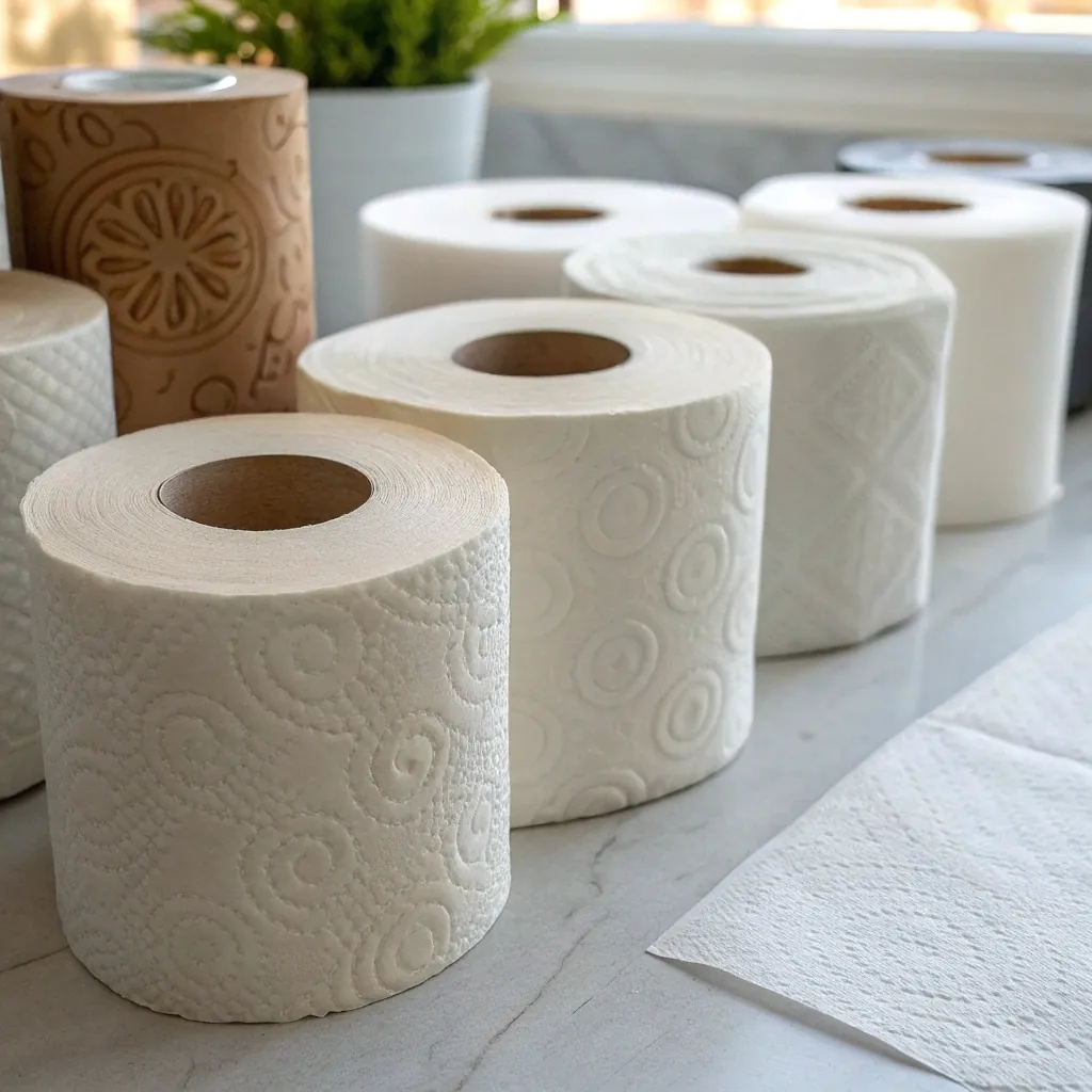 Various rolls of toilet paper with different patterns arranged on a marble counter near a window.