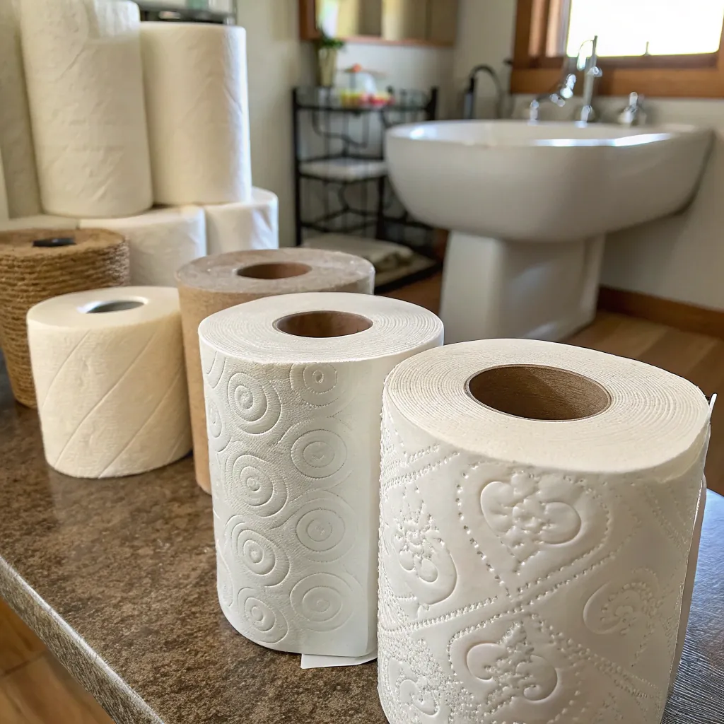 Multiple toilet paper rolls with different textures and patterns displayed on a countertop in a bathroom setting with sink in background.