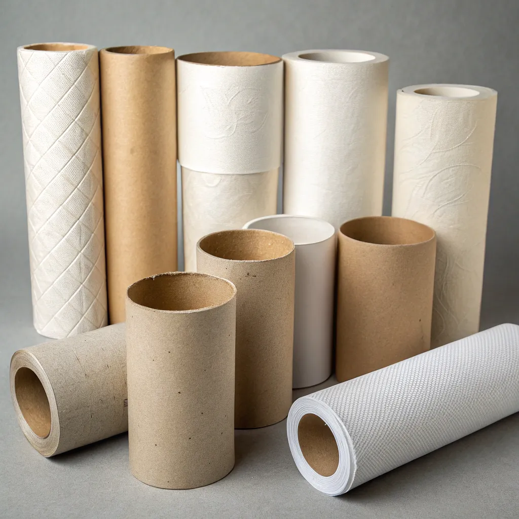A collection of various empty paper tubes standing upright, showing different textures and colors, set against a neutral background.