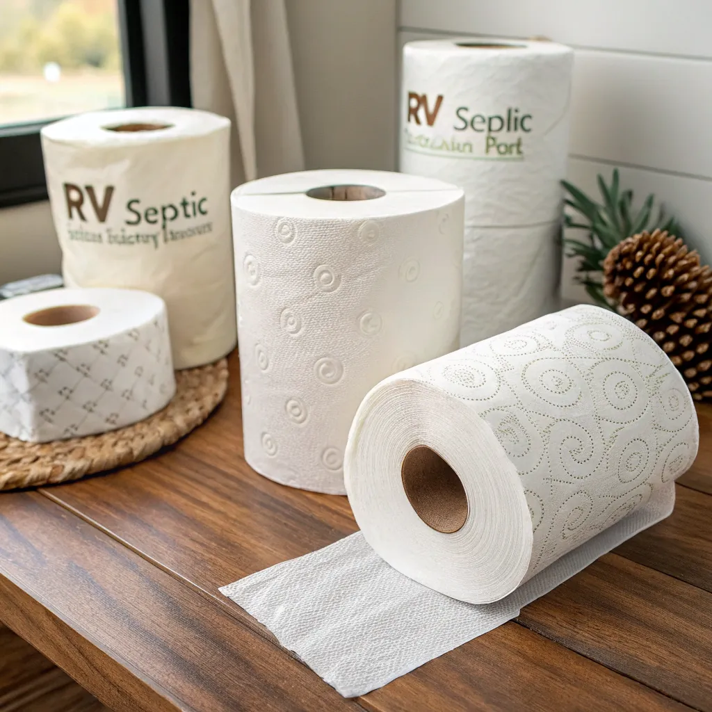 Assorted toilet paper rolls with different textures and branding on a wooden surface near a window.
