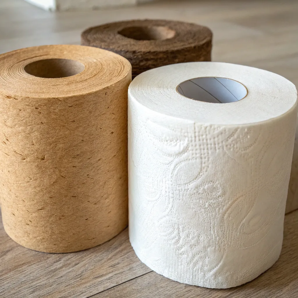 Three toilet paper rolls in different colors and textures on a wooden floor, showcasing variety in paper quality and dye.